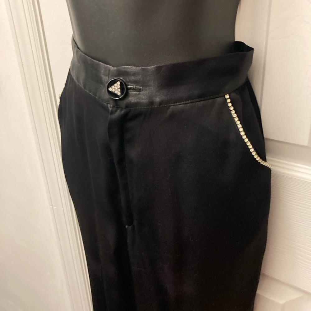 Vintage 1970s Black Satin Wide-Leg Pants with Rhinestone Trim